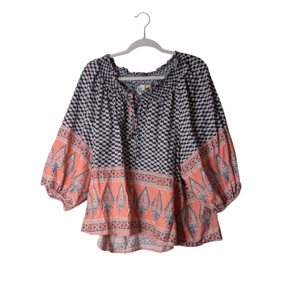 C&C California Linen Blend Oversize Balloon Sleeve Paisley peasant Blouse XL